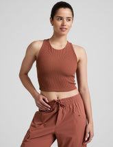 red high-neck ribbed cropped racerback tank.