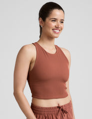 red high-neck ribbed cropped racerback tank.
