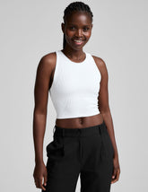 white high-neck ribbed cropped racerback tank.