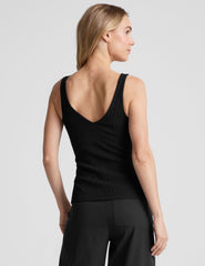 black ribbed tank top with a soft V neckline front and back, overlapping front neckline detail, and a performance lining shelf bra. Tank hits at a high hip length.