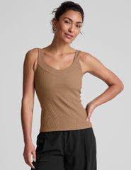 brown classic length tank top with a soft V neckline front and back, overlapping front neckline detail, and a performance lining shelf bra. Tank hits at a high hip length.