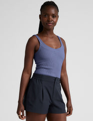 blue v-neck ribbed tank top.