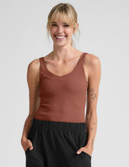 red ribbed tank top with a soft v neckline.