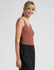 red ribbed tank top with a soft v neckline.