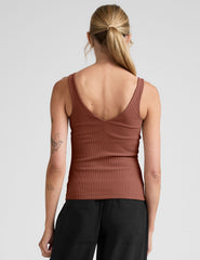 red ribbed tank top with a soft v neckline.