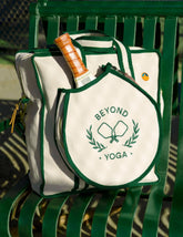 green and white beyond yoga pickleball tote bag.