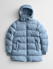 Blue puffer jacket on a light gray background.