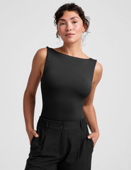 black boat neck tank top with a square back neckline.