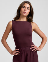 red boat neck tank top with a square back neckline.