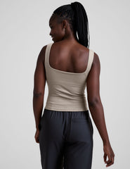 brown boat neck tank top with a square back neckline.