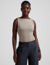 brown boat neck tank top with a square back neckline.