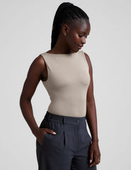 brown boat neck tank top with a square back neckline.
