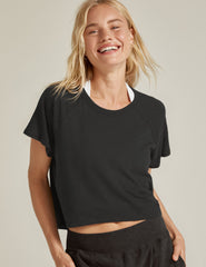 black short sleeve cropped high low tee