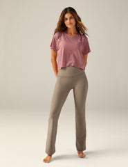 purple short sleeve scoop neck high-low t-shirt.