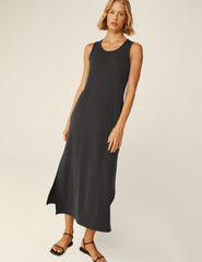 black midi tank dress with a front side slit.