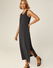 black midi tank dress with a front side slit.