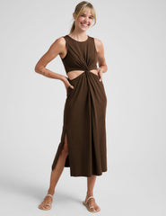 brown midi length tank dress with side slits and cutouts at waist.
