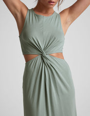 green twist front midi dress