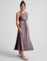 brown twist front midi dress
