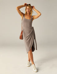 brown wrap tie midi dress