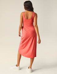 pink wrap front midi dress