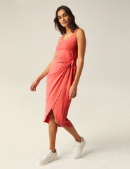 pink wrap front midi dress