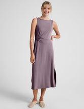 brown midi length dress with a side twist detail and side slit.