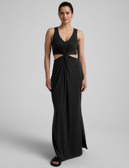 black v-neck maxi tank dress with cutouts at waist.