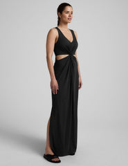 black v-neck maxi tank dress with cutouts at waist.