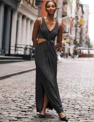 black v-neck maxi tank dress with cutouts at waist.