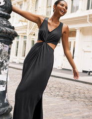 black v-neck maxi tank dress with cutouts at waist.