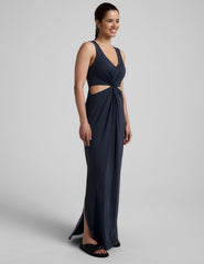 blue v-neck maxi length tank dress with cutouts at waist.