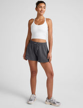 black shorts with patch pockets and a drawstring at waistband.