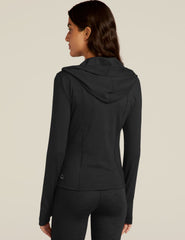 black zip-up jacket with a hoodie and thumb holes.