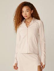 white heather rib zip-up hooded jacket with pockets.