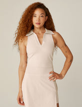 white heather rib v-neck cropped tank with a collar.