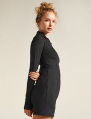 black midi dress with quarter-zup neckline.