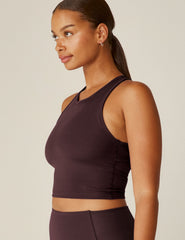 purple high-neck racerback cropped tank top.