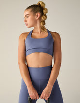 blue long line cross strap racerback bra.
