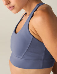 blue long line cross strap racerback bra.