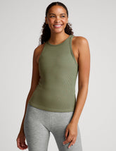 green ribbed slim fit classic length tank with a crew neckline.