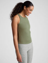 green ribbed slim fit classic length tank with a crew neckline.