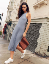 blue midi high-neck tank dress with a front side slit.