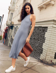 blue midi high-neck tank dress with a front side slit.