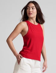 red loose-fitting tank top with a crew neckline.