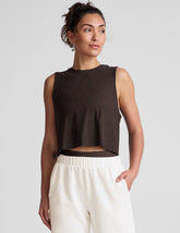 brown relaxed fit cropped tank top with a crew neckline.