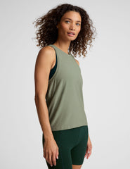 green relaxed fit tank with a hight front neckline.