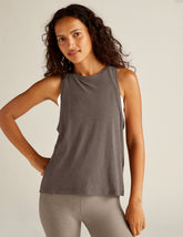 brown lightweight relaxed fit classic length tank top.