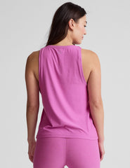 pink relaxed fit tank with a high front neckline and rib neckband and armhole bands.