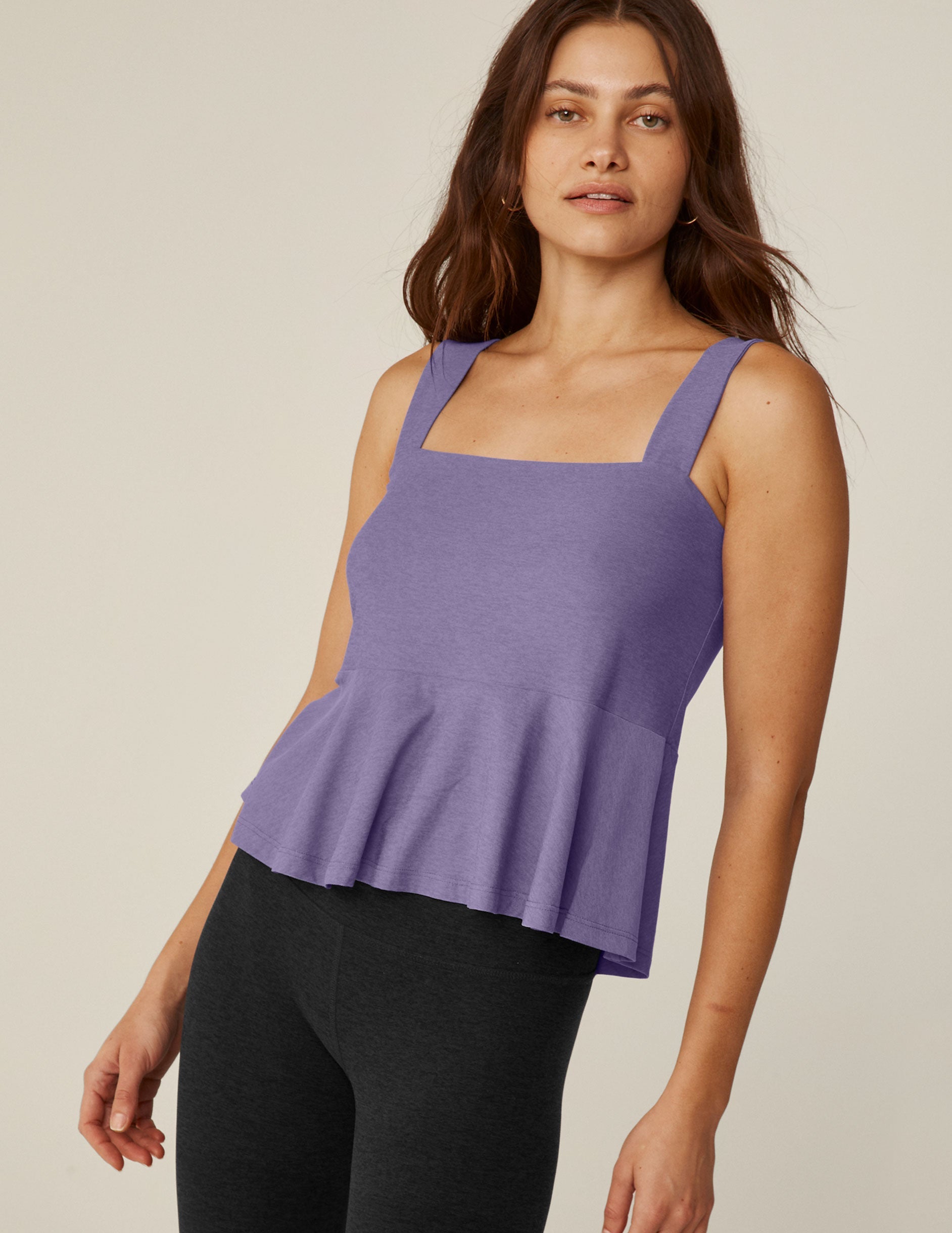 purple square neck peplum tank.